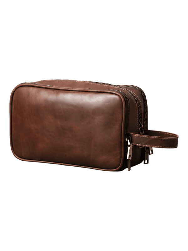 Neceser grande de piel con compartimentos y correas elásticas, modelo chocolate