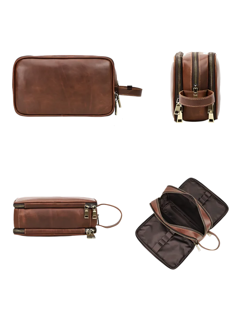 Grande trousse de toilette cuir compartimentée avec bandes élastiques présentation modèle