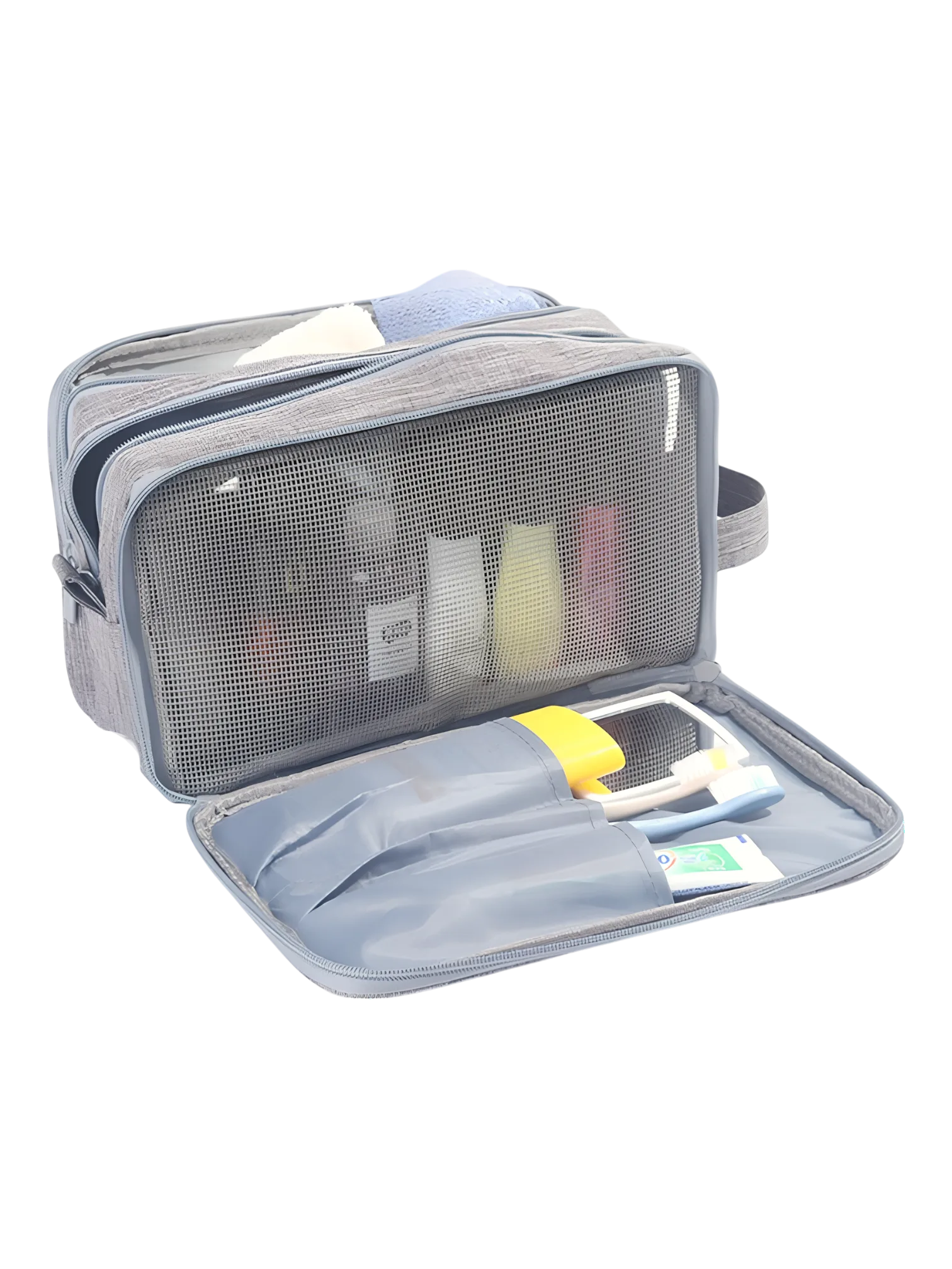 Grande trousse de toilette organisée avec multiples compartiments unisexe vue de face modèle gris