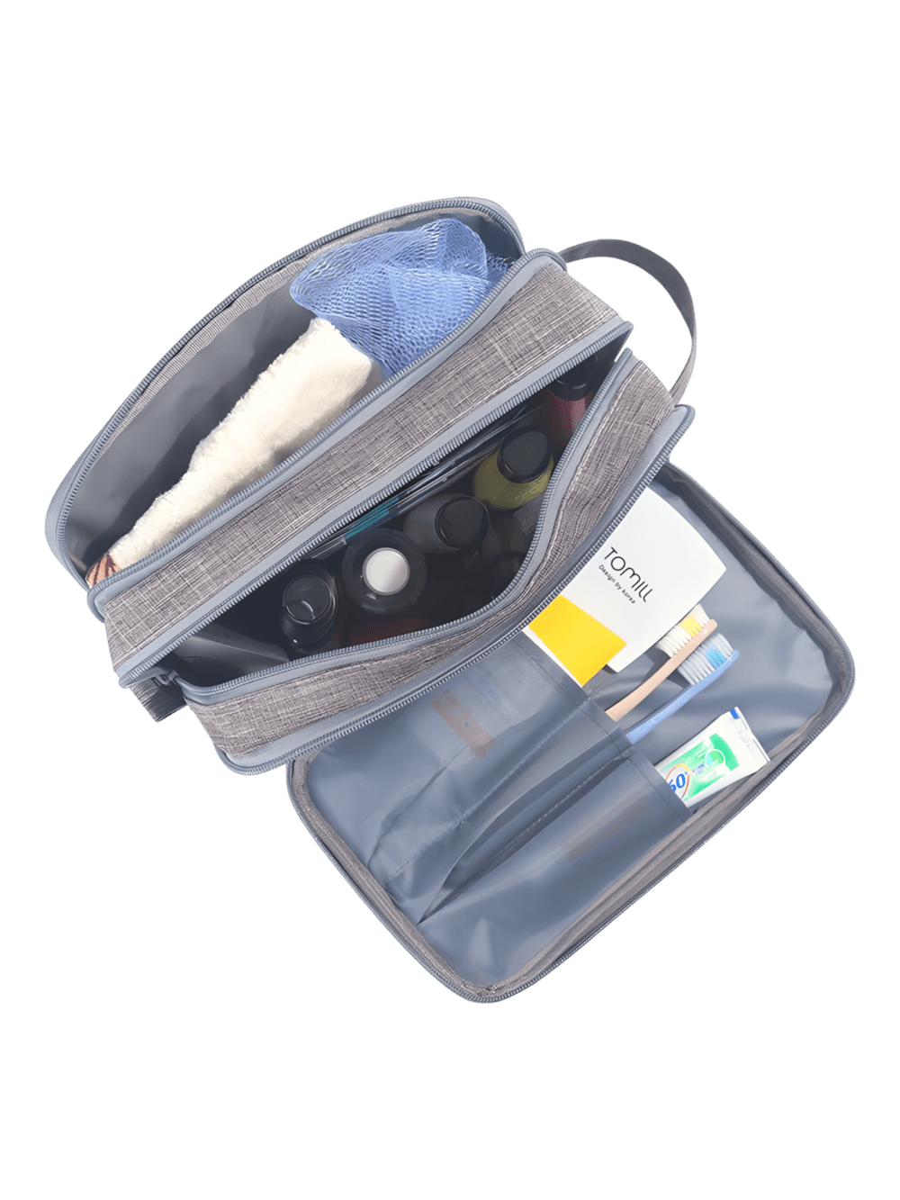 Neceser grande y organizado con múltiples compartimentos unisex, vista interior, modelo gris Neceser grande y organizado con múltiples compartimentos unisex, vista interior, modelo gris