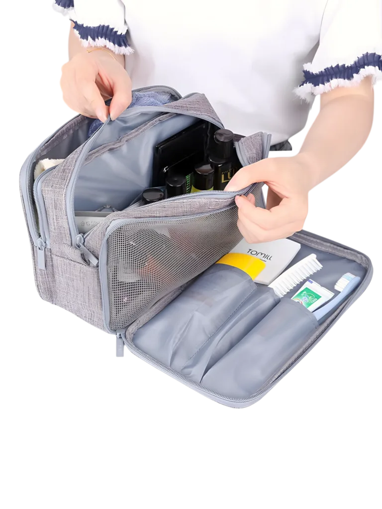 Grande trousse de toilette organisée avec multiples compartiments unisexe vue intérieure modèle gris 3