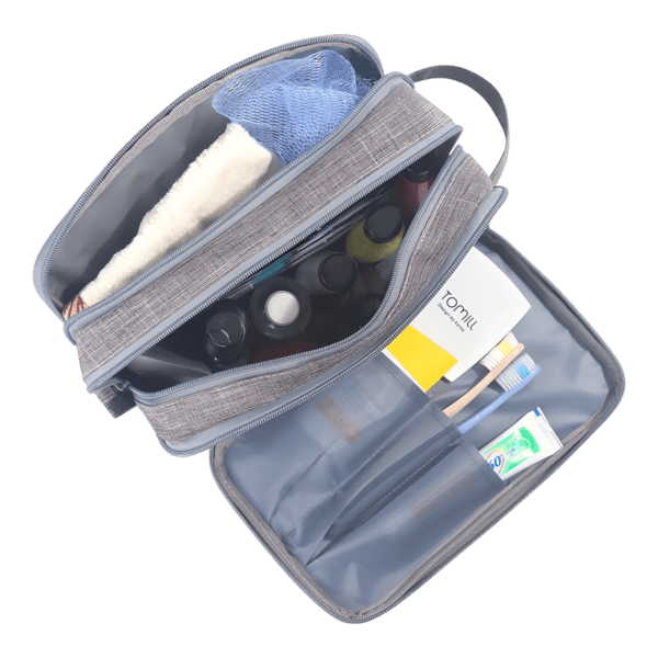 Grande trousse de toilette organisée avec multiples compartiments unisexe vue intérieure modèle gris