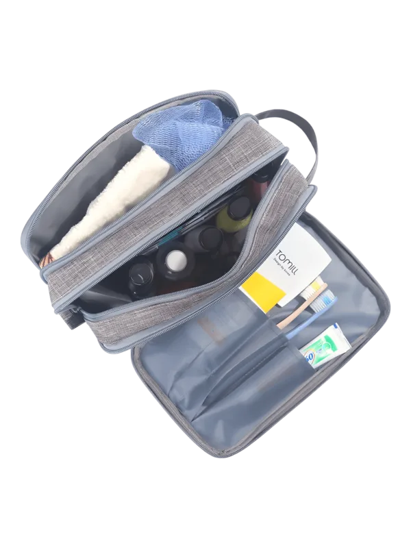 Große organisierte Kulturtasche mit mehreren Fächern Unisex Innenansicht Modell grau