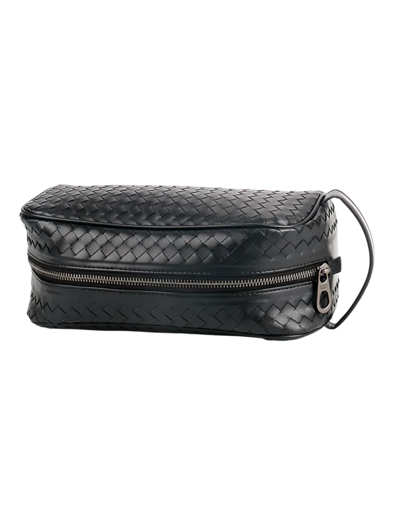 Trousse de toilette en cuir tressé noir homme simple compartiment (3)