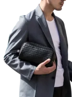 Trousse de toilette en cuir tressé noir homme simple compartiment (5)