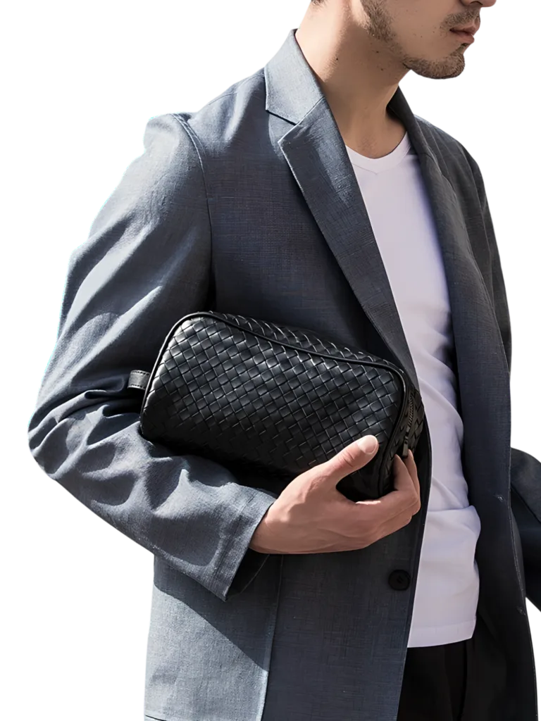 Trousse de toilette en cuir tressé noir homme simple compartiment (5)