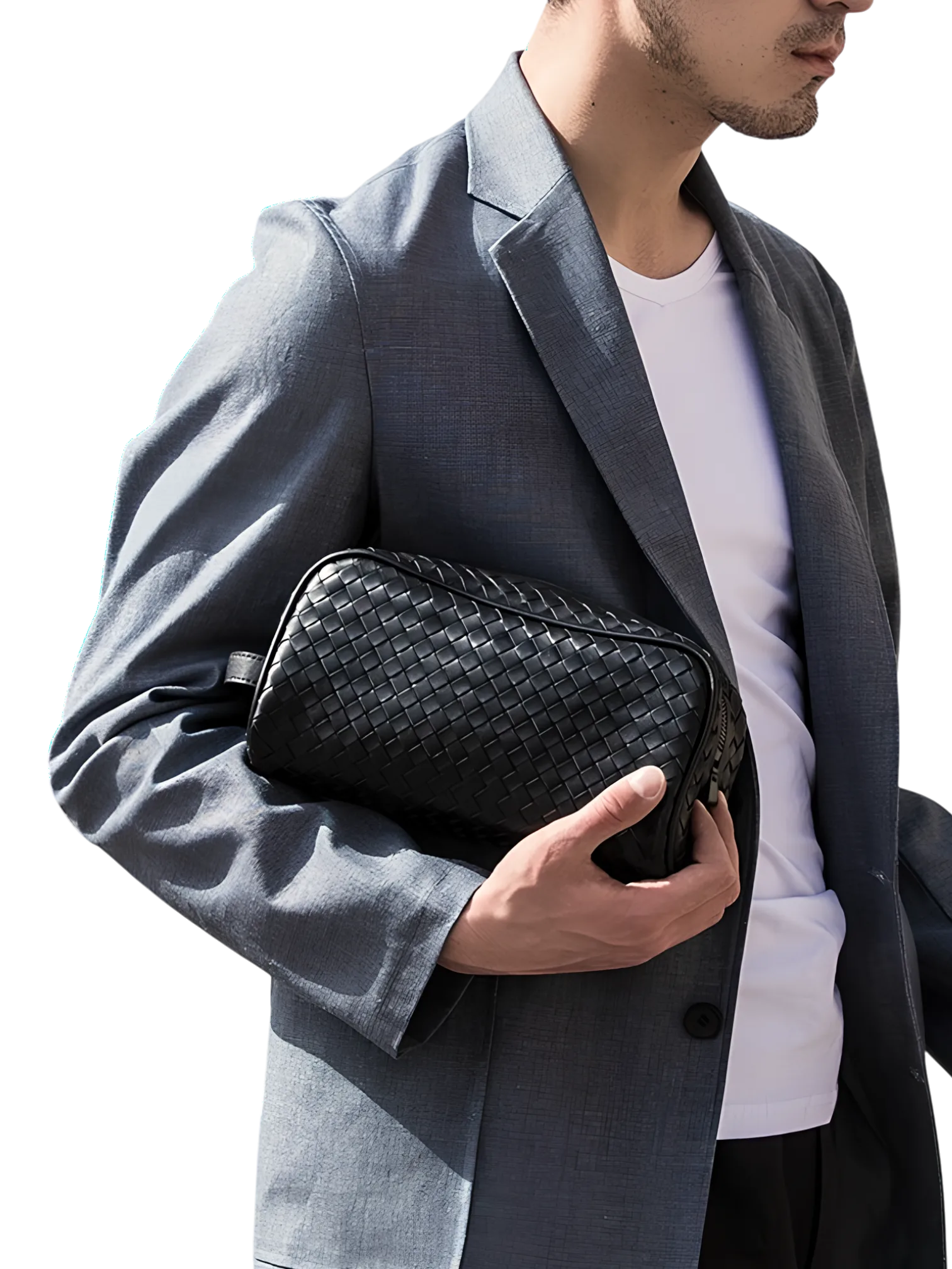 Trousse de toilette en cuir tressé noir homme simple compartiment (5)