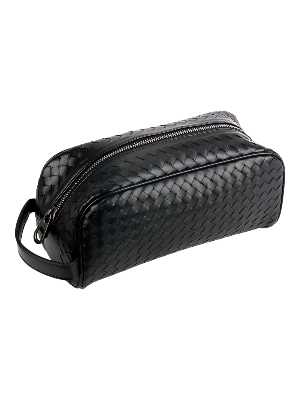 Trousse de toilette en cuir tressé noir homme simple compartiment (8)