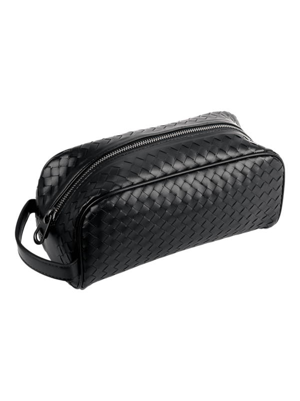 Trousse de toilette en cuir tressé noir homme simple compartiment (8)