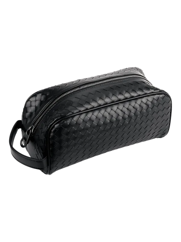 Trousse de toilette en cuir tressé noir homme simple compartiment (8)