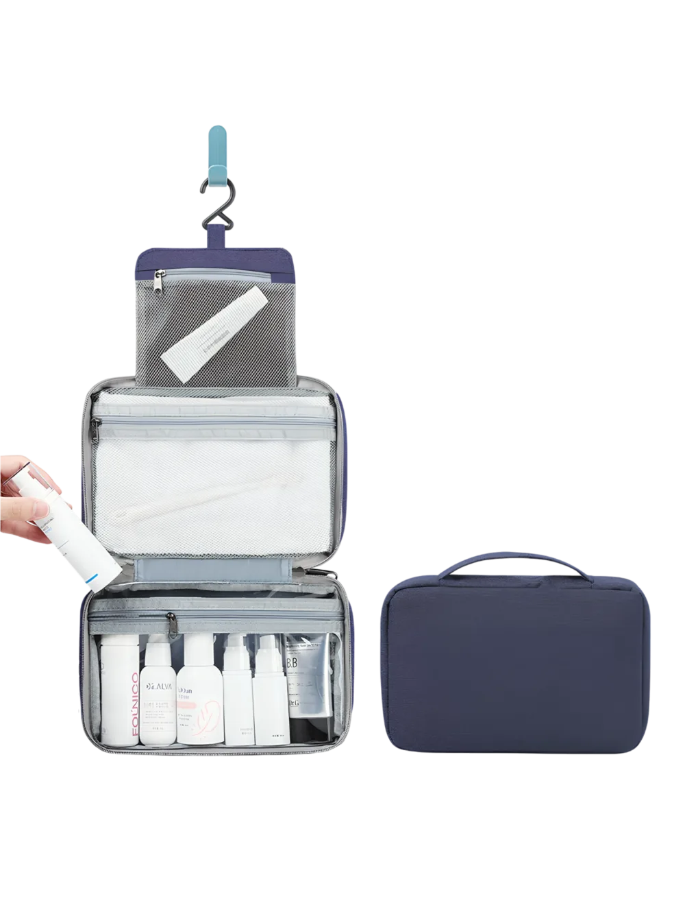 Trousse de toilette pliable à suspendre couleur unie modèle présentation bleu