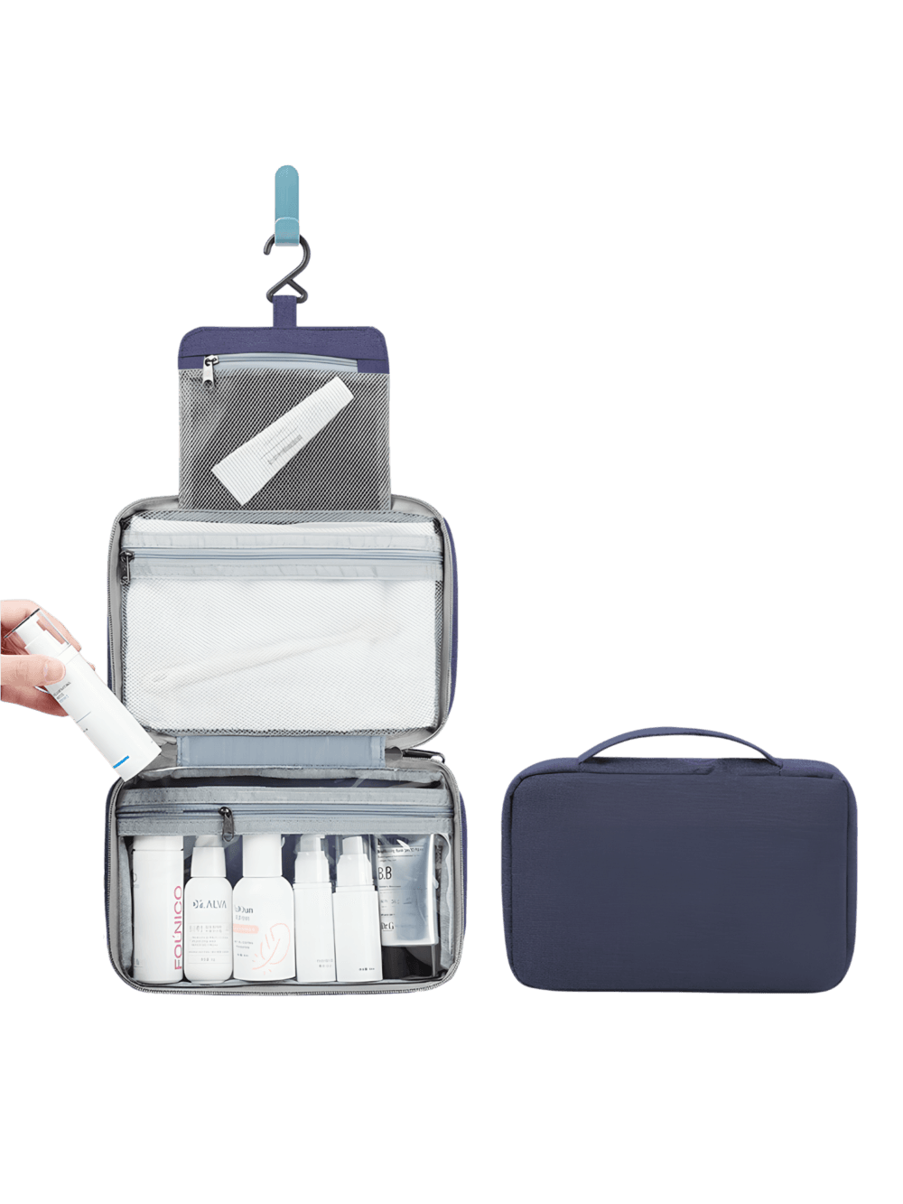 Trousse de toilette pliable à suspendre couleur unie modèle présentation bleu Trousse de toilette pliable à suspendre couleur unie modèle présentation bleu