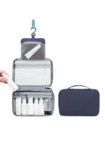 Foldable toiletry bag to hang solid color presentation model blue Foldable hanging toiletry bag solid color presentation model blue