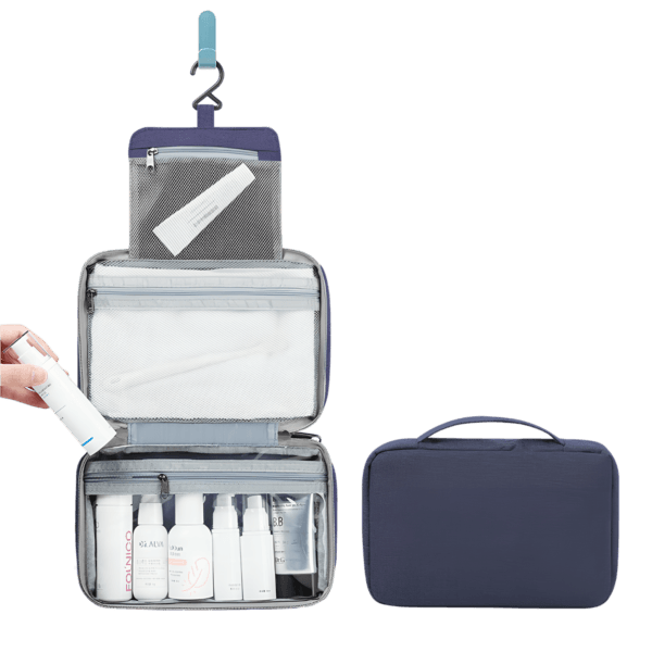 Trousse de toilette pliable à suspendre couleur unie modèle présentation bleu