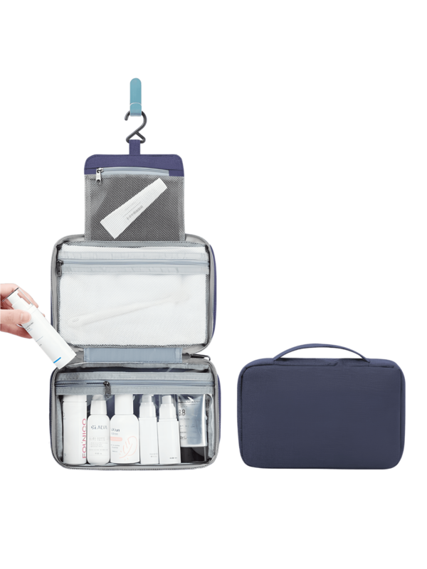 Trousse de toilette pliable à suspendre couleur unie modèle présentation bleu