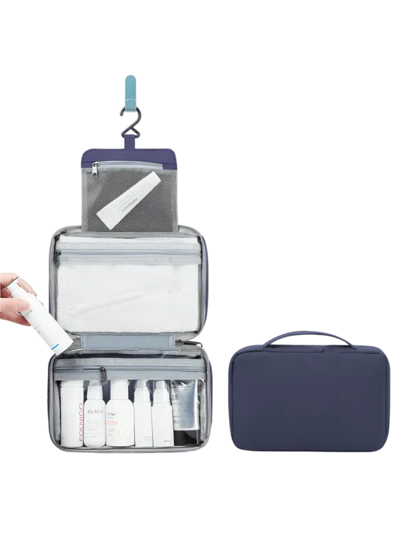 Foldable hanging toiletry bag solid color presentation model blue