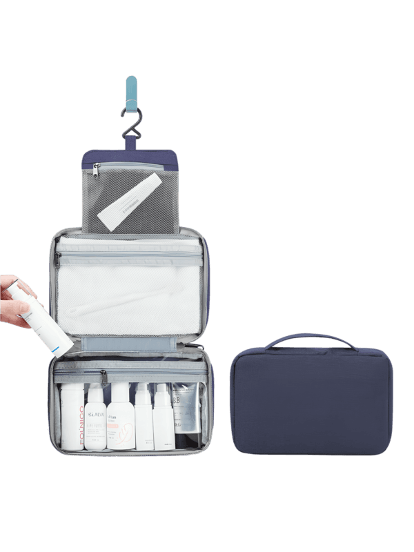 Trousse de toilette pliable à suspendre couleur unie modèle présentation bleu