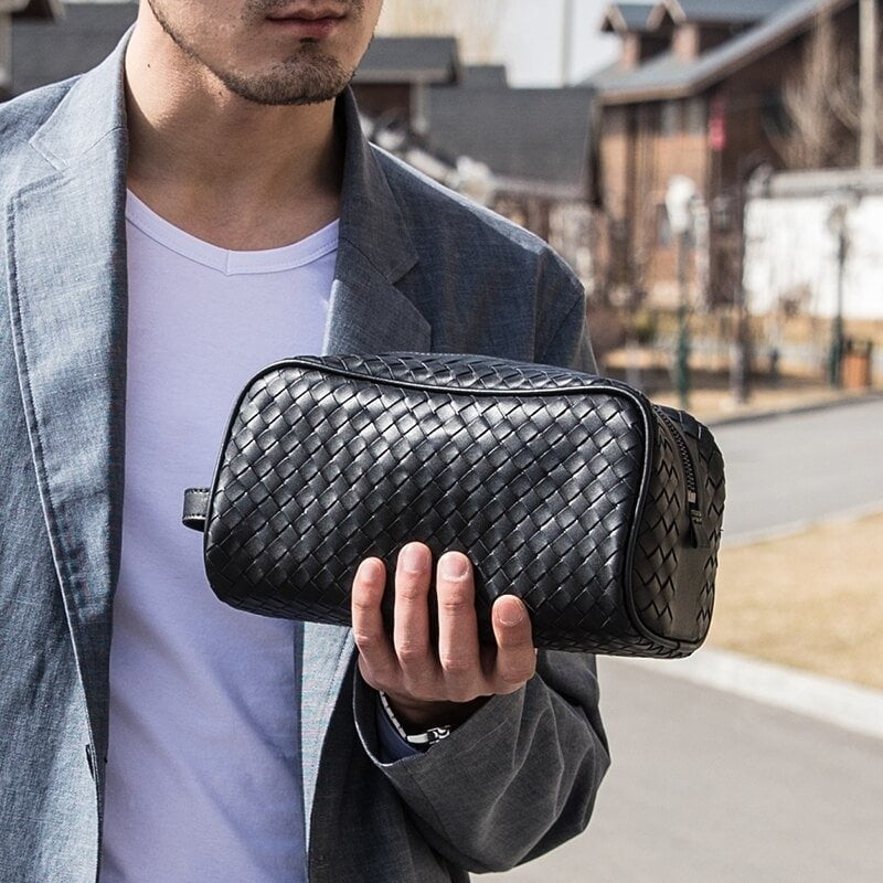 Trousse de toilette de luxe en cuir tressé noir pour homme - Hecten