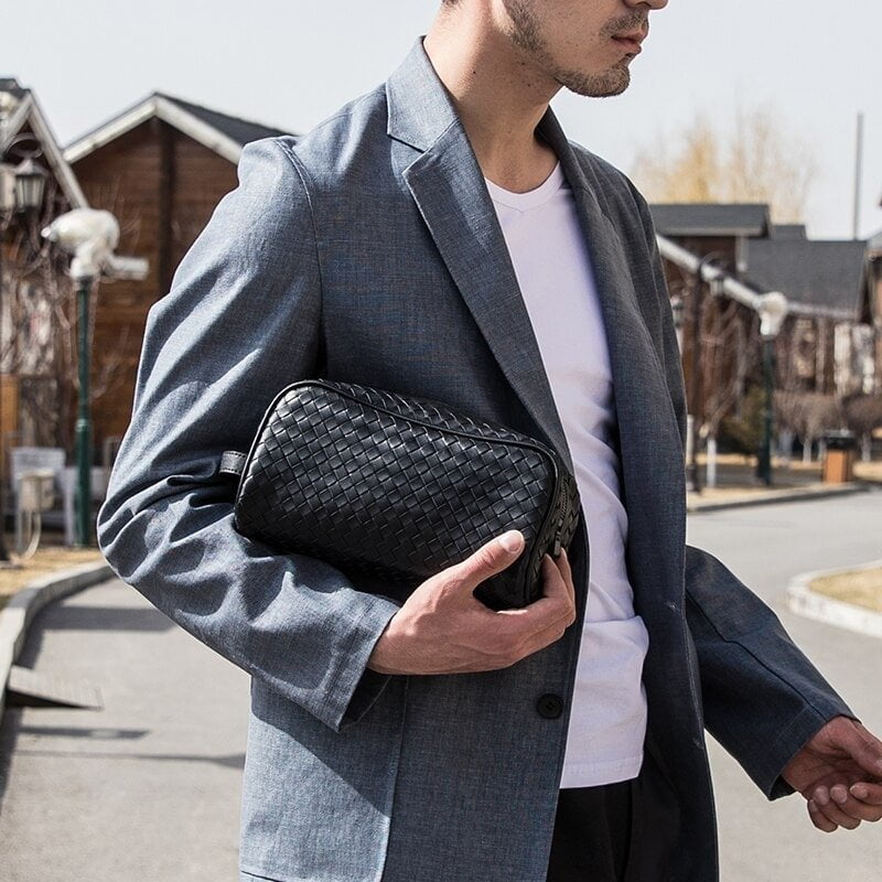 Trousse de toilette de luxe en cuir tressé noir pour homme - Hecten