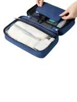 Saco de toilette de viagem grande com compartimentos dobráveis modelo demo azul Saco de toilette de viagem grande com compartimentos dobráveis modelo demo azul