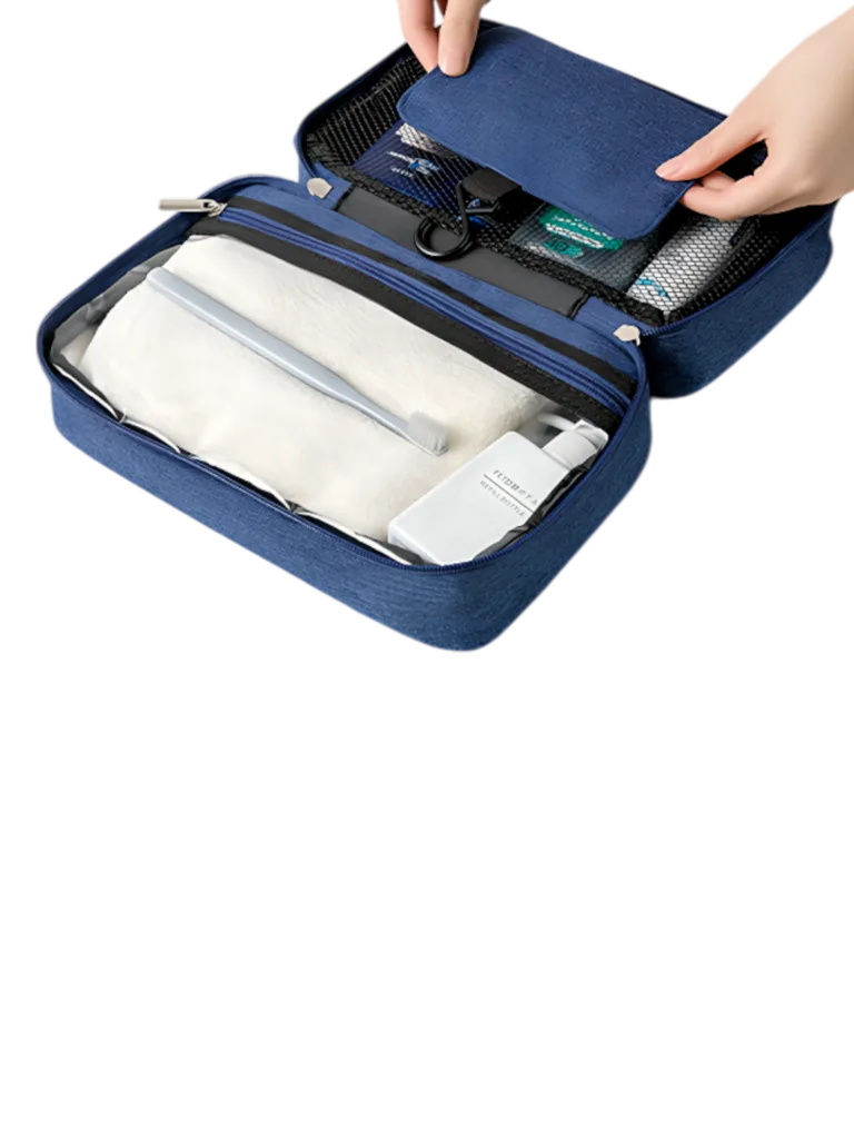 Grande trousse de toilette voyage à suspendre compartimentée démo pliage modèle bleu