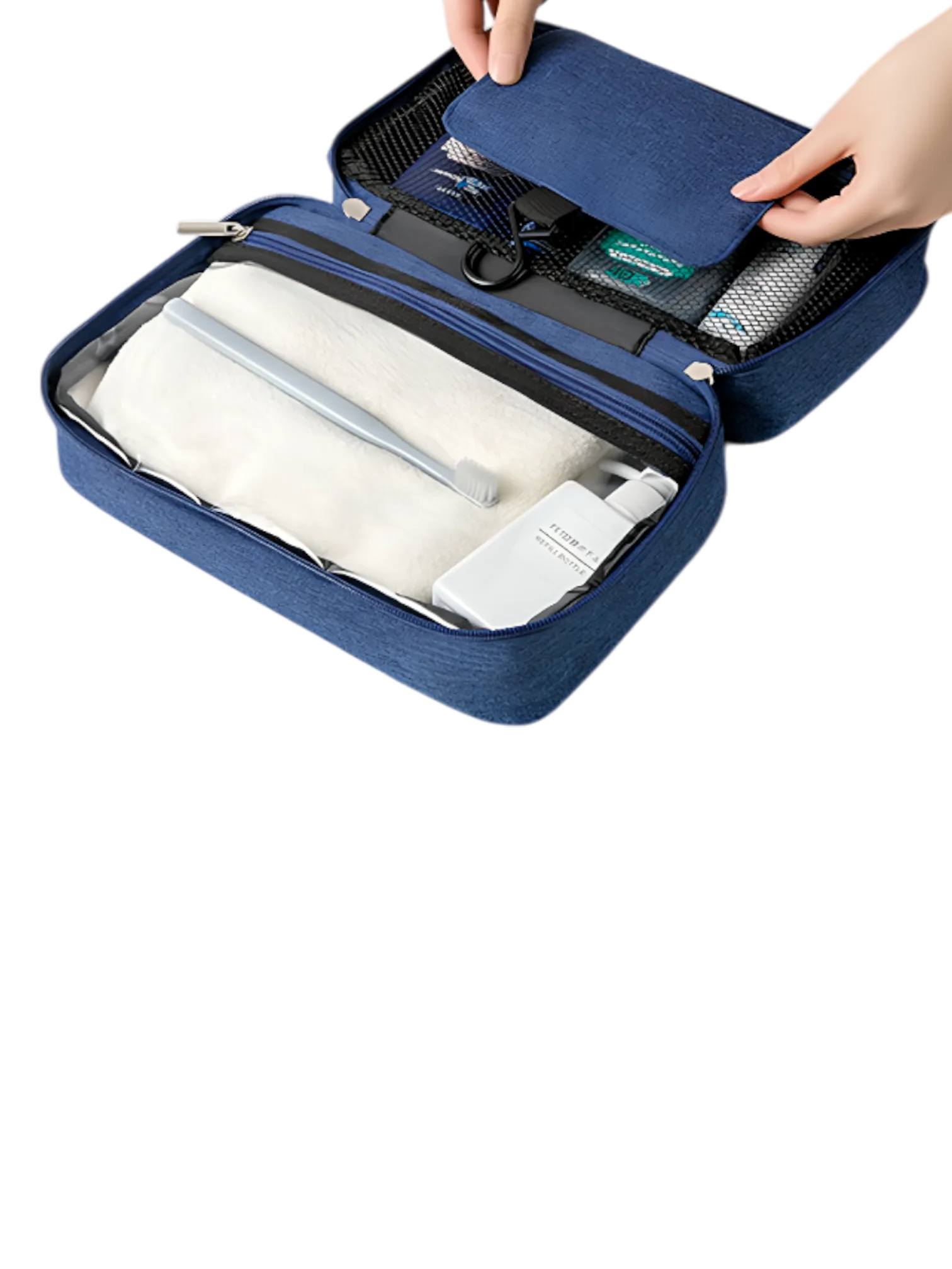 Grande trousse de toilette voyage à suspendre compartimentée démo pliage modèle bleu