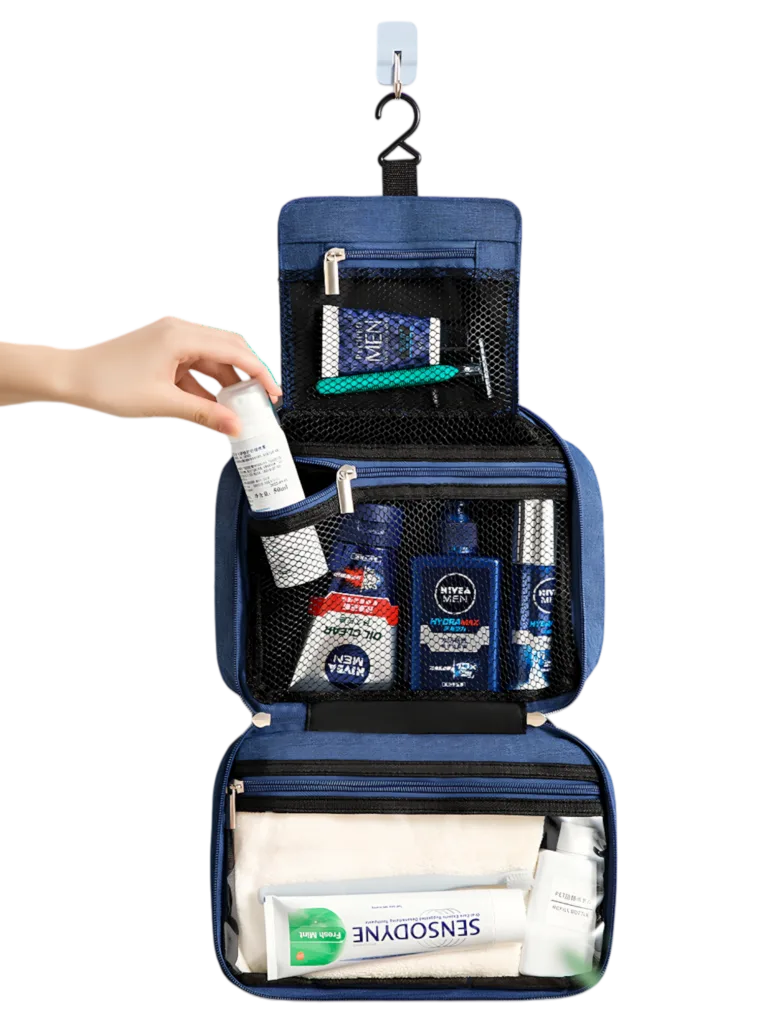 Grande trousse de toilette voyage à suspendre compartimentée modèle bleu démonstration