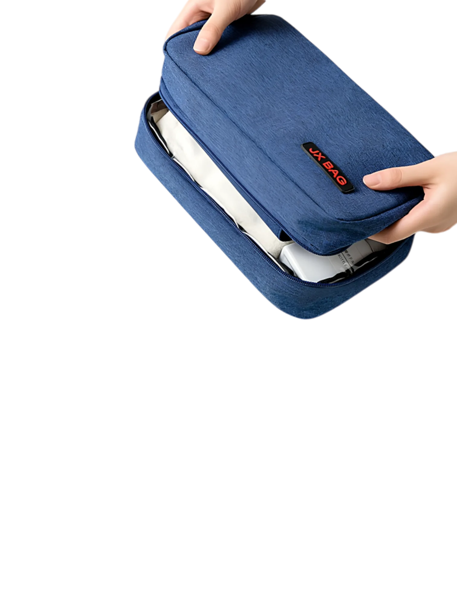 Grande trousse de toilette voyage à suspendre compartimentée modèle bleu fermé démonstration