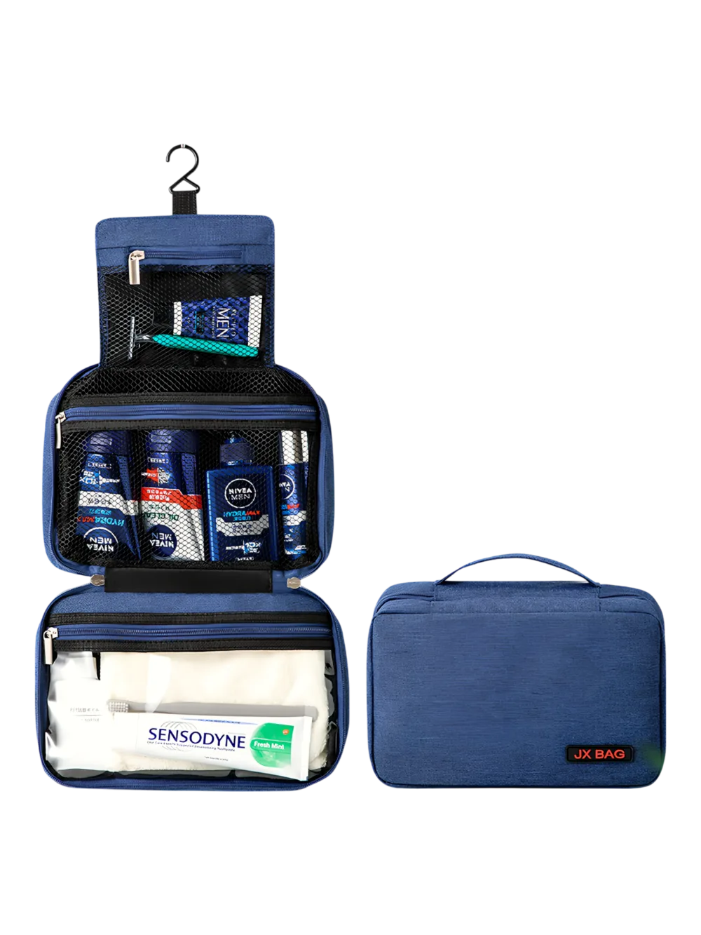 Saco de viagem grande para artigos de higiene pessoal com compartimentos, modelo azul, apresentação dobrada e desdobrada Saco de viagem grande para artigos de higiene pessoal com compartimentos, modelo azul, apresentação dobrada e desdobrada