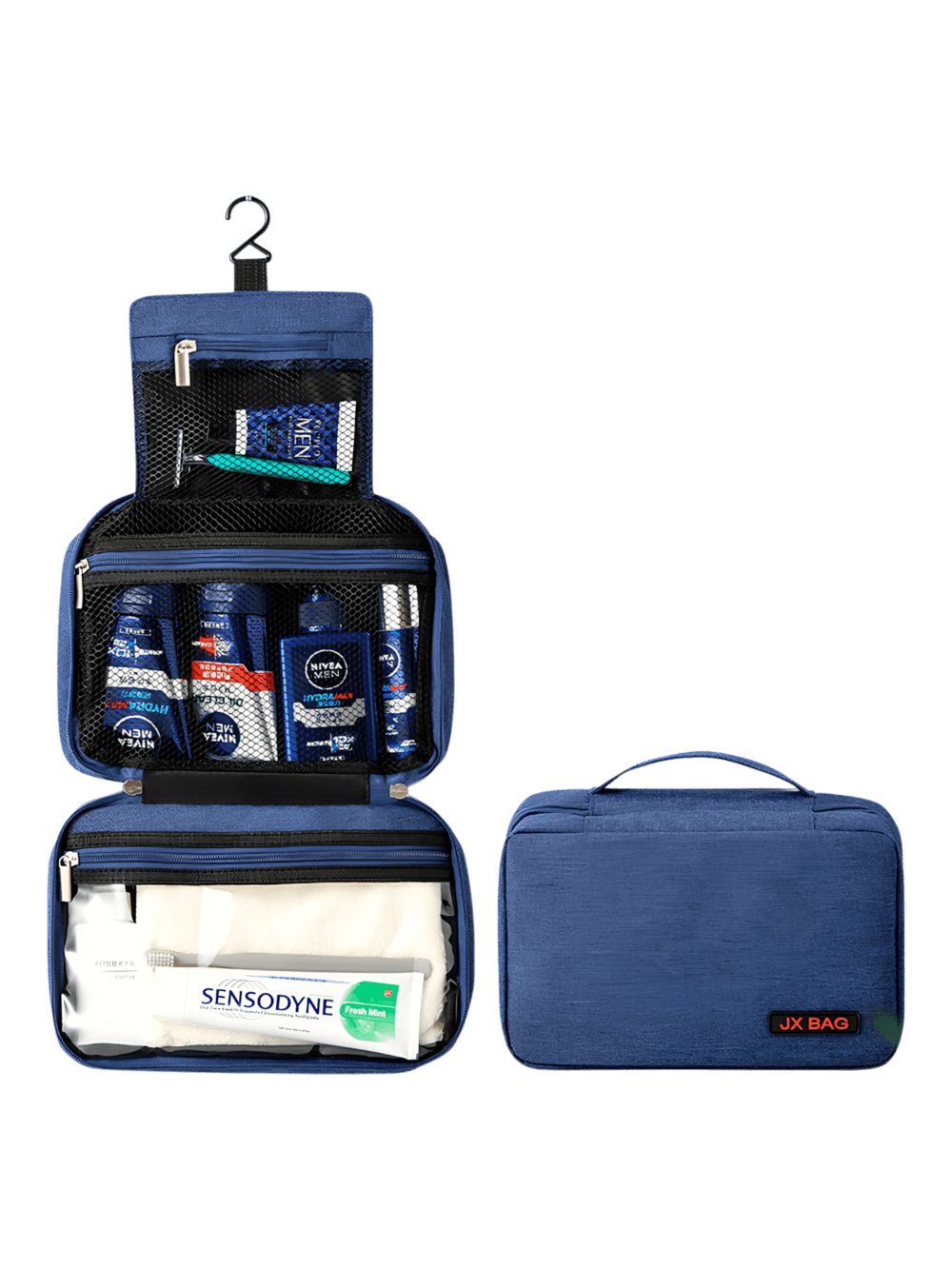 Neceser de viaje grande con compartimentos, modelo azul, presentación plegado desplegado Neceser de viaje grande con compartimentos, modelo azul, presentación plegado desplegado