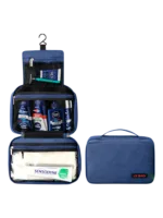 Saco de viagem grande para artigos de higiene pessoal com compartimentos, modelo azul, apresentação dobrada e desdobrada Saco de viagem grande para artigos de higiene pessoal com compartimentos, modelo azul, apresentação dobrada e desdobrada