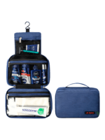 Grande trousse de toilette voyage à suspendre compartimentée modèle bleu présentation plié déplié Grande trousse de toilette voyage à suspendre compartimentée modèle bleu présentation plié déplié