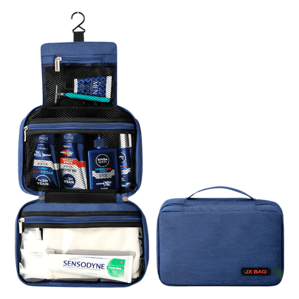 Grande trousse de toilette voyage à suspendre compartimentée modèle bleu présentation plié déplié