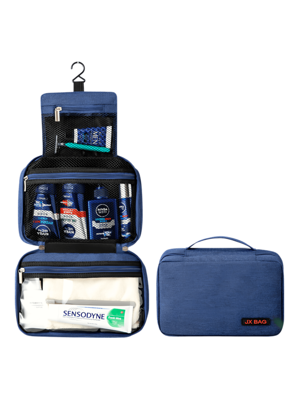 Grande trousse de toilette voyage à suspendre compartimentée modèle bleu présentation plié déplié