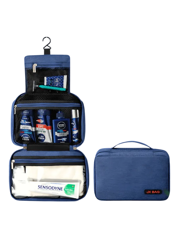 Saco de viagem grande para artigos de higiene pessoal com compartimentos, modelo azul, apresentação dobrada e desdobrada
