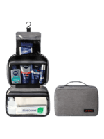 Saco de viagem grande para artigos de higiene pessoal com compartimentos, apresentação cinzenta dobrado desdobrado Saco de viagem grande para artigos de higiene pessoal com compartimentos, apresentação cinzenta dobrado desdobrado