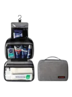 Saco de viagem grande para artigos de higiene pessoal com compartimentos, apresentação cinzenta dobrado desdobrado Saco de viagem grande para artigos de higiene pessoal com compartimentos, apresentação cinzenta dobrado desdobrado