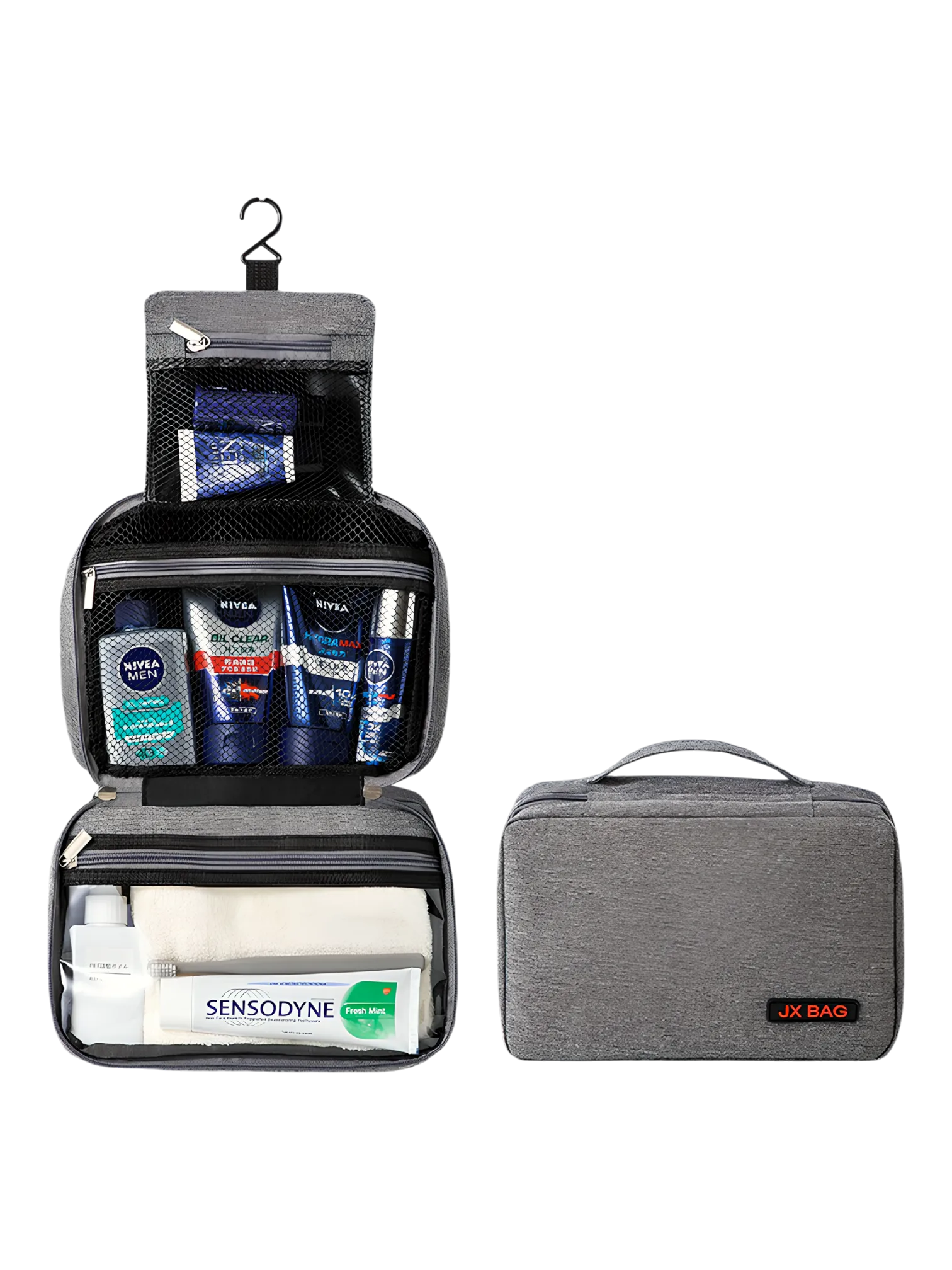 Grande trousse de toilette voyage à suspendre compartimentée modèle gris présentation plié déplié