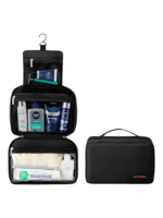 Saco de viagem grande para artigos de higiene pessoal com compartimentos, modelo preto, apresentação dobrada e desdobrada Saco de viagem grande para artigos de higiene pessoal com compartimentos, modelo preto, apresentação dobrada e desdobrada