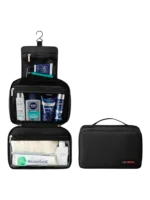 Saco de viagem grande para artigos de higiene pessoal com compartimentos, modelo preto, apresentação dobrada e desdobrada Saco de viagem grande para artigos de higiene pessoal com compartimentos, modelo preto, apresentação dobrada e desdobrada