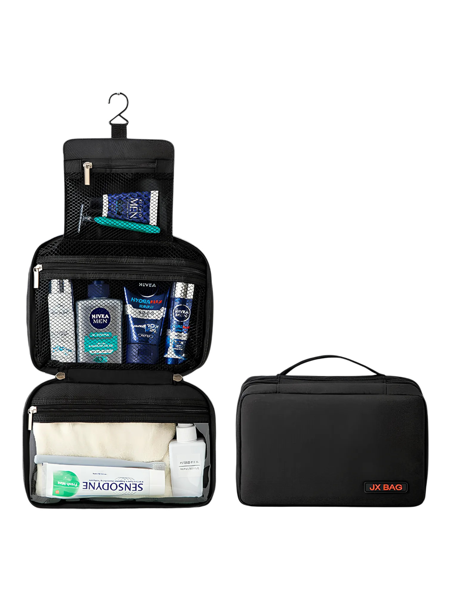 Grande trousse de toilette voyage à suspendre compartimentée modèle noir présentation plié déplié