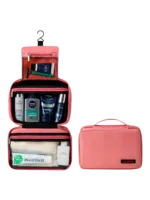 Grande trousse de toilette voyage à suspendre compartimentée modèle rose présentation plié déplié Grande trousse de toilette voyage à suspendre compartimentée modèle rose présentation plié déplié