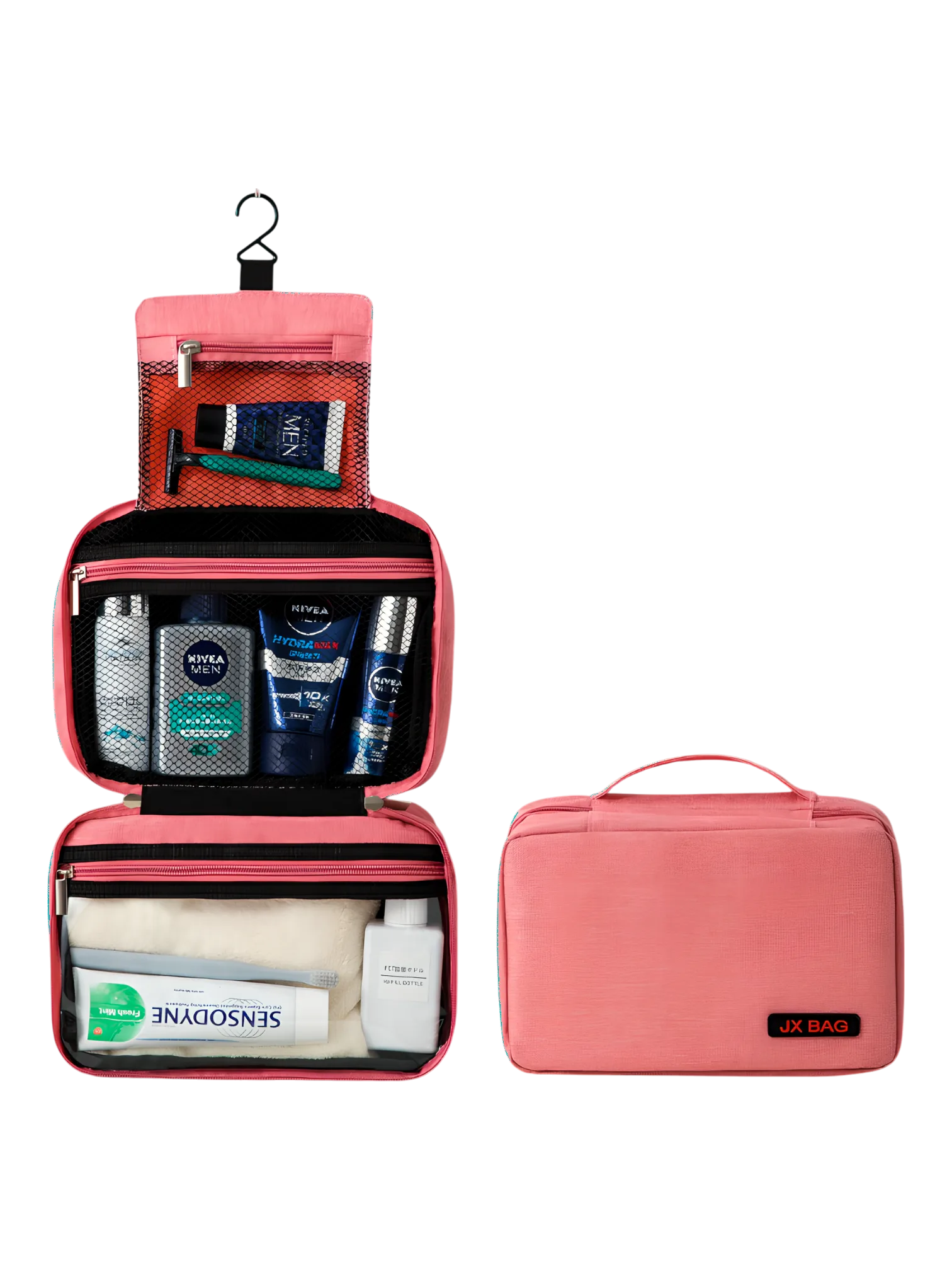 Grande trousse de toilette voyage à suspendre compartimentée modèle rose présentation plié déplié