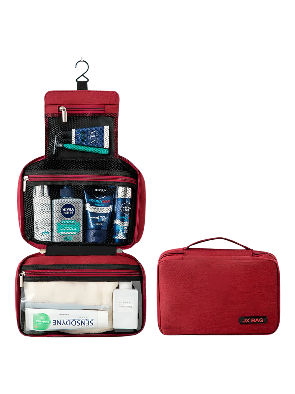 Saco de viagem grande para artigos de higiene pessoal com compartimentos, modelo vermelho, apresentação dobrada e desdobrada Saco de viagem grande para artigos de higiene pessoal com compartimentos, modelo vermelho, apresentação dobrada e desdobrada