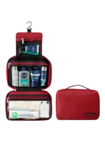 Saco de viagem grande para artigos de higiene pessoal com compartimentos, modelo vermelho, apresentação dobrada e desdobrada Saco de viagem grande para artigos de higiene pessoal com compartimentos, modelo vermelho, apresentação dobrada e desdobrada