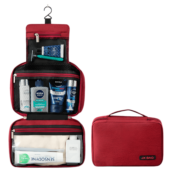 Grande trousse de toilette voyage à suspendre compartimentée modèle rouge présentation plié déplié