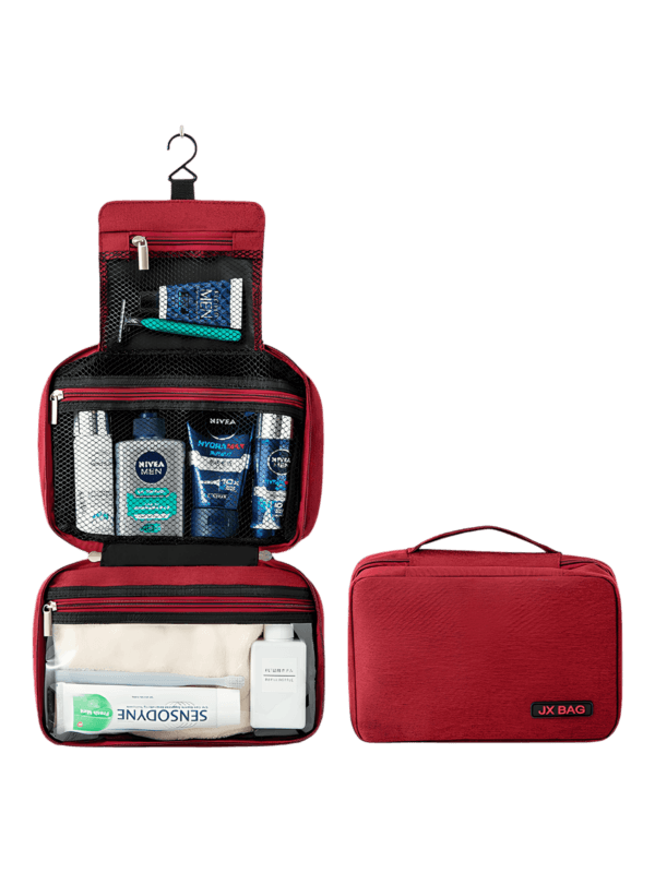 Neceser de viaje grande con compartimentos, modelo rojo, presentación plegado desplegado