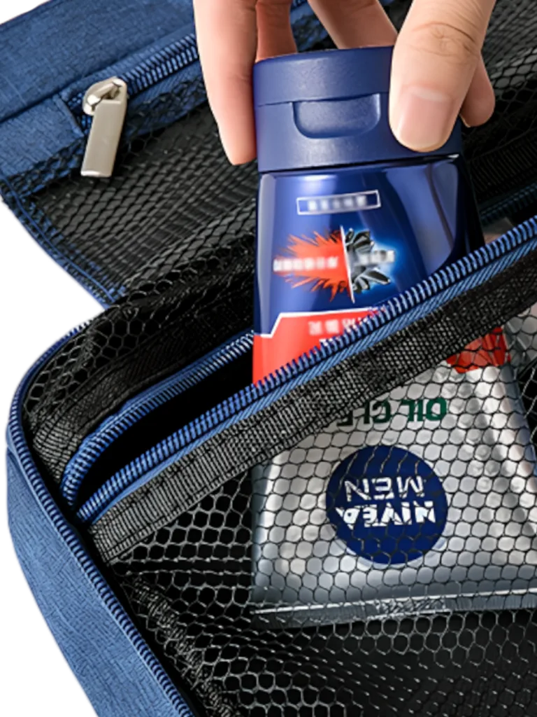 Grande trousse de toilette voyage à suspendre compartimentée pochette zippée modèle bleu