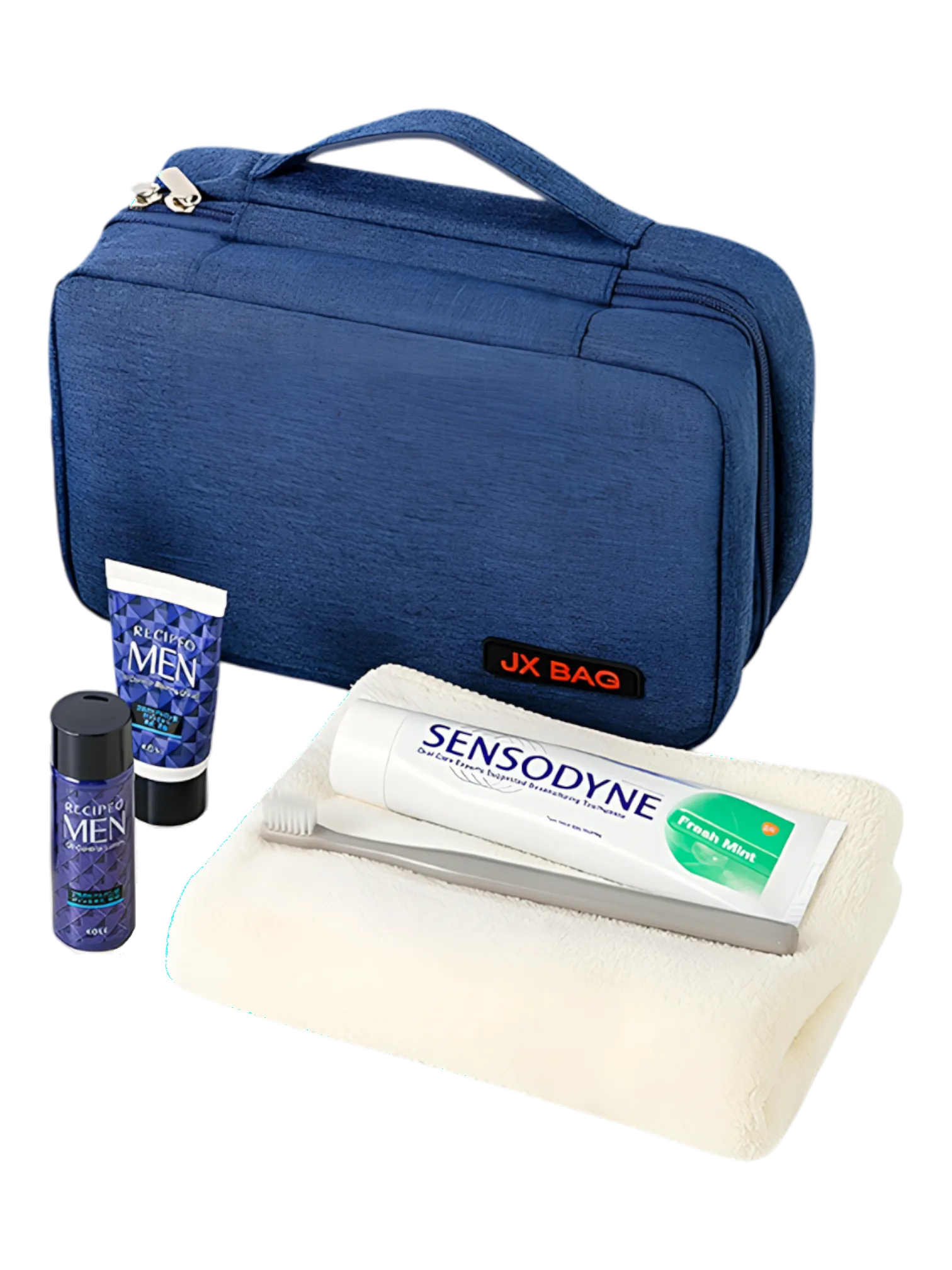 Grande trousse de toilette voyage à suspendre compartimentée présentation modèle bleu