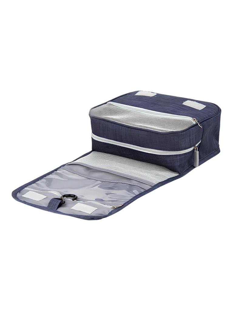 Small hanging travel toiletry bag with blue compartments, unfolded on the back